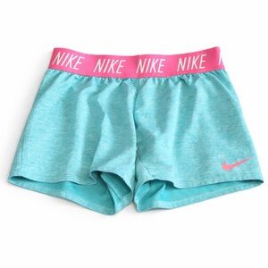 Nike Girls Dri-Fit Athletic Shorts Turquoise Pink Logo Waistband